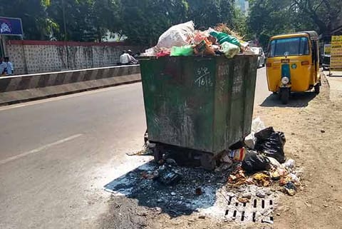 The garbage bin that is the cause for traffic snarls at MGR Salai