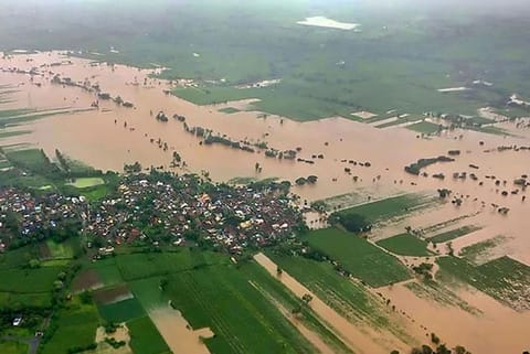 An aerial view of a flooded area in Kohlapur district