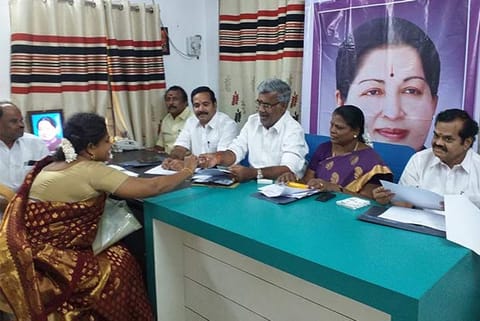 One of the AIADMK aspirants submits application at the party district office in Tiruchy on Saturday