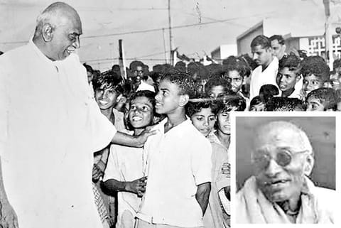 Kamaraj interacting with children and (inset) Rajaji