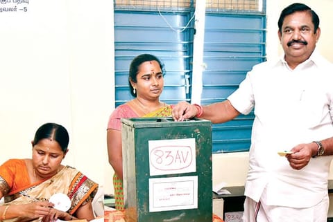 CM Edappadi K Palaniswami at a polling booth in Salem