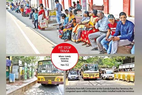 Passengers jostle for space at Guindy Industrial Estate bus depot