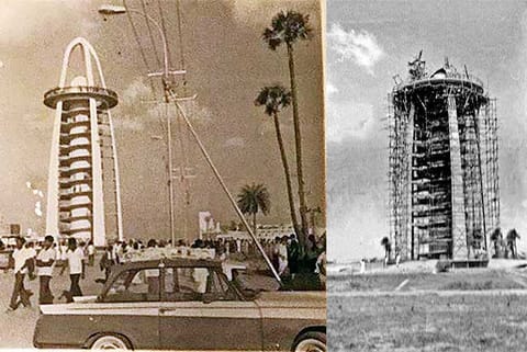 The Panchsheel or Visvesvaraya Tower during and after construction