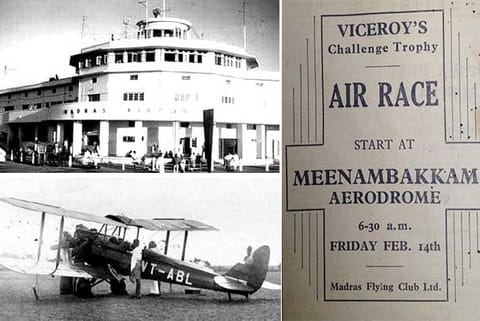 Madras airport in its initial years; a poster announcing an air race; and a plane