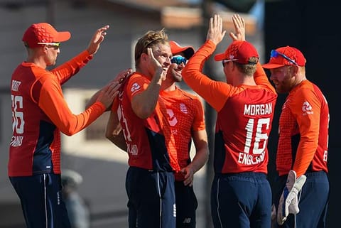David Willey (second from left) celebrates the dismissal of Darren Bravo of West Indies during the third ODI