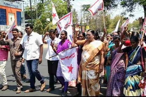 Members of the Democratic Youth Federation of India (DYFI) take out a rally in Tiruchy, pressing for action