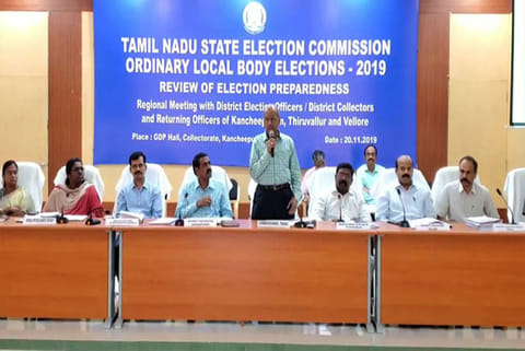 State Election Commissioner Dr R Palaniswamy discussing the conduct of civic polls