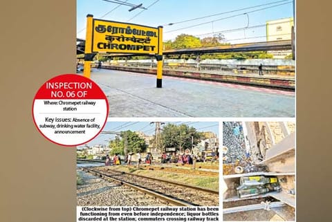Chromepet railway station; liquor bottles discarded at the station; commuters crossing railway track