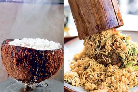 Puttu made in coconut shell, Bamboo biryani