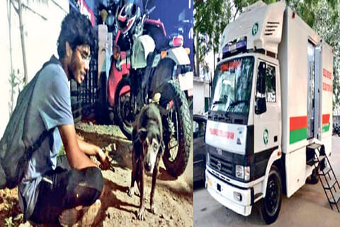 Ashwath feeding strays; (r) the vehicle which is being converted into hospital