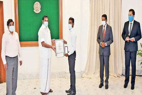 Sridhar receiving the Centre?s award from the Chief Minster in Chennai on Monday