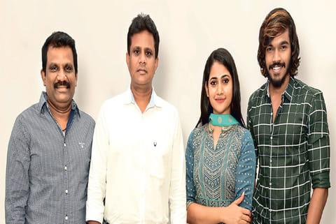 (From left) Director JM Raja Saravanan, producer G Dilli Babu, Losliya Mariyanesan and K Pooranesh