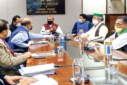Tomar and Goyal in a meeting with Bharatiya Kisan Union leaders on farmers? issues on Tuesday.