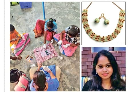 Women from the Narikurava community attending training; (top right) jewellery made by the women