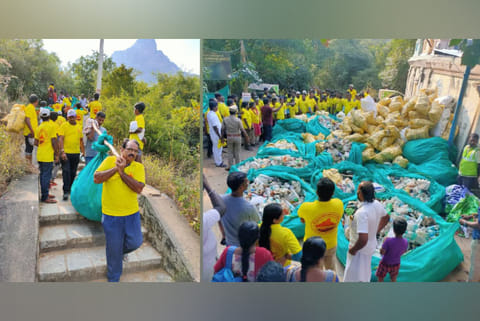 Volunteers carrying the collected garbage down the hill; the 2 tonnes of plastic waste at the foothills