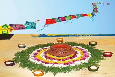 Decorate your home with kite hangings; A rangoli using leaves and flower petals