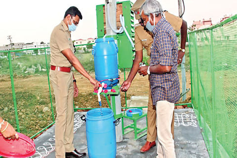 Superintendent of Police Aravindhan and Elango inaugurate the disinfectant maker at AR Headquarters