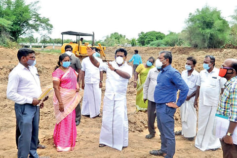 Minister R Kamaraj inspecting the desilt works in Tiruvarur on Friday