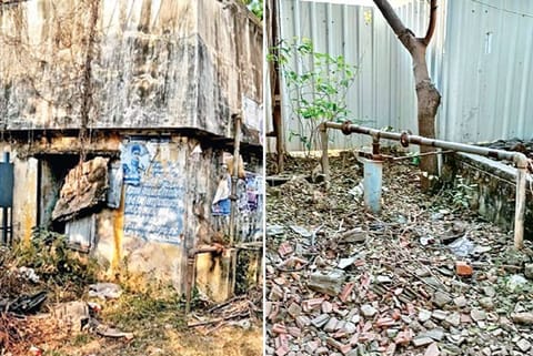 The ill-maintained overhead water tank on Gandhi Street