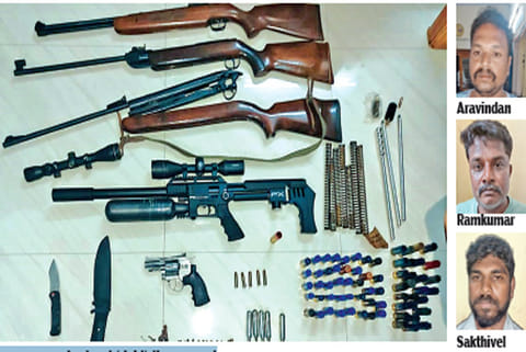 The weapons seized and (right) the accused