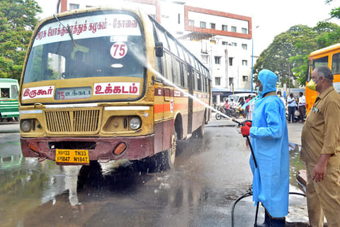 TNSTC bus being given a wash in Coimbatore on Monday
