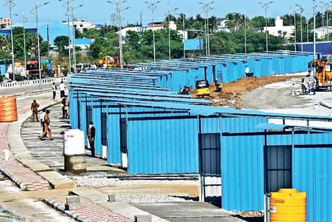 Temporary stalls are being set at Tirumazhisai.