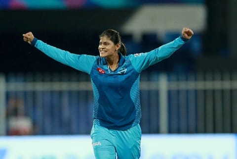 Jubilant Radha Yadav. Image Courtesy: Twitter - @IPL