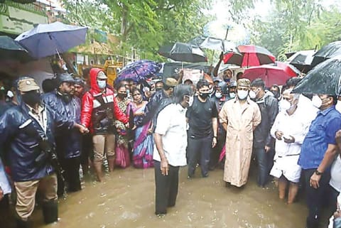 DMK president MK Stalin overseeing relief works in Chennai on Wednesday