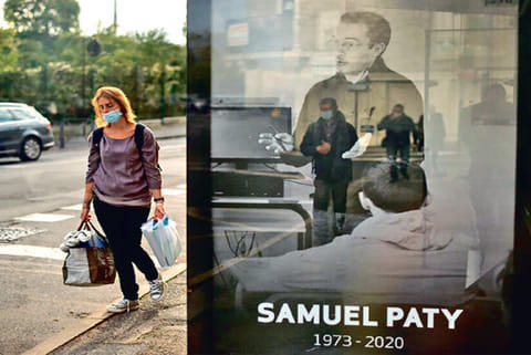 A portrait of Mr. Paty at a bus stop in Conflans-Sainte-Honorine