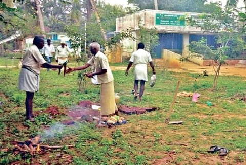 People performing bhoomi puja for new school building in Thulukka Viduthi in Thanjavur on Friday