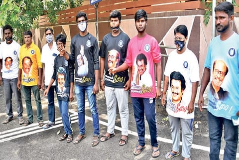 Rajini Makkal Mandram members at Poes Garden urging Superstar to enter politics in Chennai on Friday