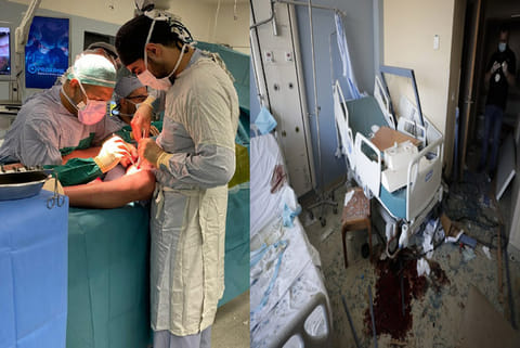 Dr Bassam Osman daily hospital shift;  Hospital room is damaged from a massive explosion