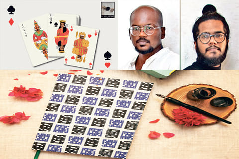 Cards featuring dynasties that ruled TN;(R) Mahesh and Arvind, Notebook in Tamil calligraphy