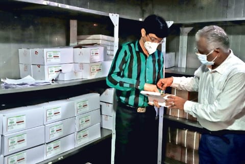 Health Secretary J Radhakrishnan inspects the vaccine storage lab at DMS