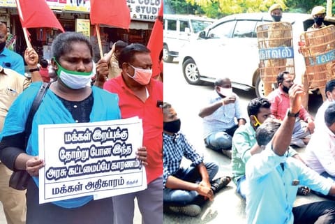 Protest in Tiruchy and Thoothukudi (r) on Monday over the decision to allow Sterlite
