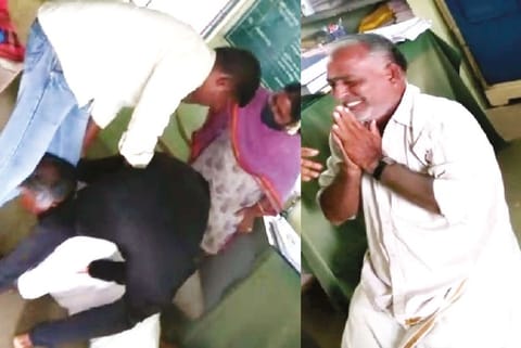 The video grab shows the Dalit employee of the VAO office falling at the feet of a caste Hindu