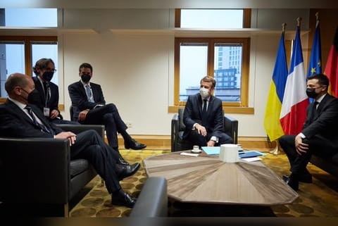 Zelensky in meeting with Macron and Scholz. Image Courtesy: Twitter - @ZelenskyyUa