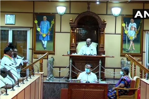 CM Narayanasamy to Face Floor test today. He is seen addressing in the Pondy assembly