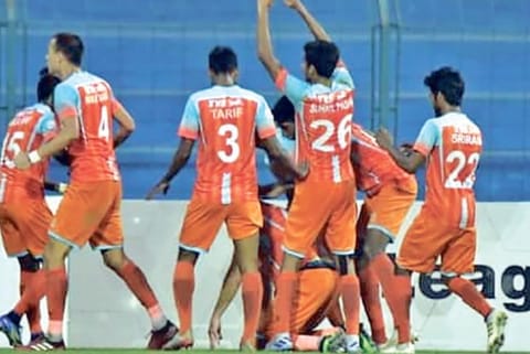 Chennai City FC players are ecstatic after scoring the winning goal against Indian Arrows.