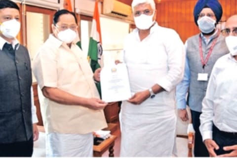 Water Resources Minister Duraimurugan handing over a detailed letter on water issues to Union Jal Sh