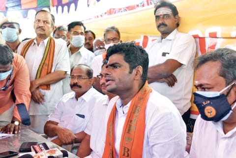 BJP state president K Annamalai addressing a press meet in Salem