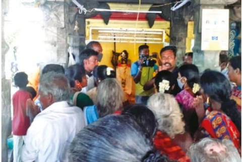 Dalits entering Pekkaman Karuppasamy Temple at Kokkulam village in Madurai district on Friday