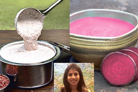 Mapillai champa ragi batter, Thooyamalli beetroot batter. (inset) Deepa