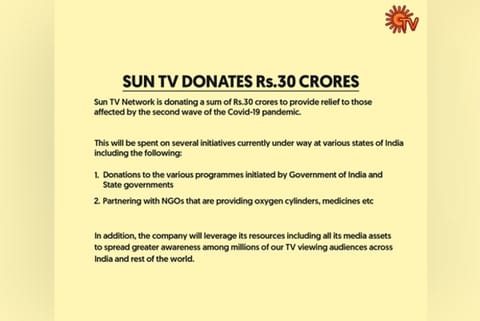 Sun TV donates 30 crore for Covid-affected