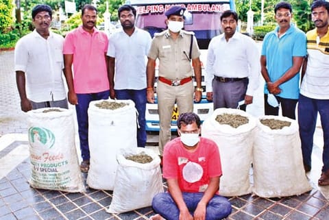 The special team with the accused and seized ganja in Thanjavur on Wednesday