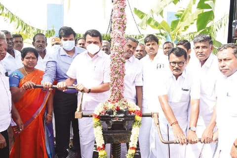 Electricity Minister V Senthilbalaji opening the Aathupalayam dam in Karur on Monday