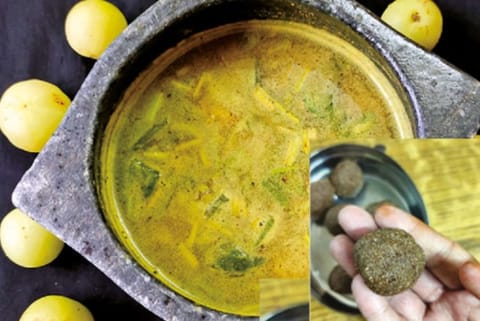 Nellikkaai rasam, (right) ellu urundai