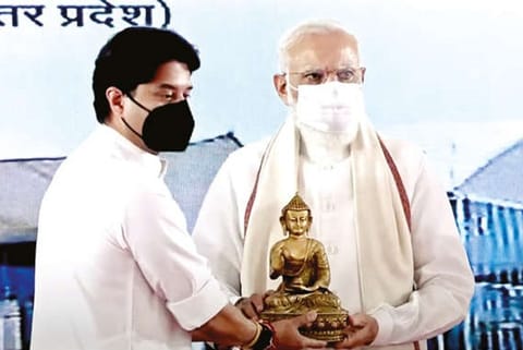 Jyotiraditya Scindia felicitates PM Modi during the inauguration of Kushinagar International Airport