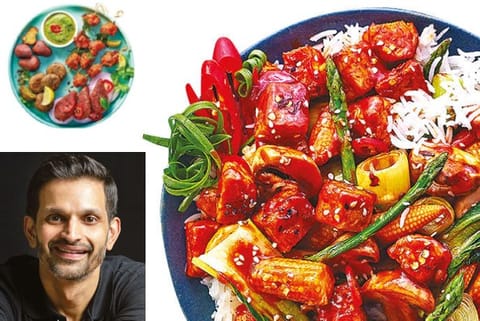 Siddharth (down) and Dishes he prepared (Tempayy Kebab Platter; stir fry tempayy and Rice Bowl)