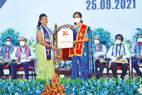 Dr Mini Shaji Thomas honouring one of the gold medal winners during 17th convocation of NIT Tiruchy